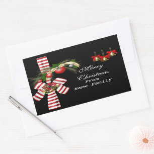 Pegatina Rectangular Feliz Navidad Bolas Negras Rojas Doradas Fiesta de