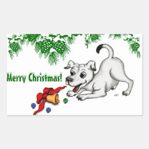 Pegatina Rectangular ¡Feliz Navidad! Cachorro con bell y ball