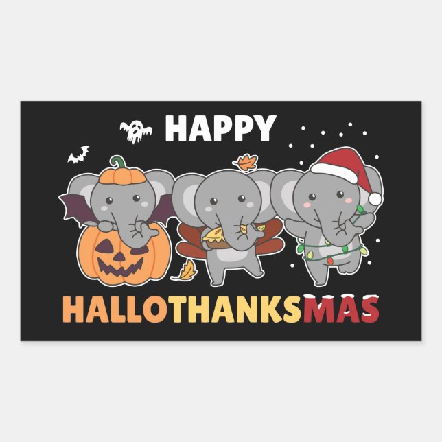 Pegatina Rectangular Feliz Navidad de Elefantes de Hallothanksmas Eleph (Anverso)