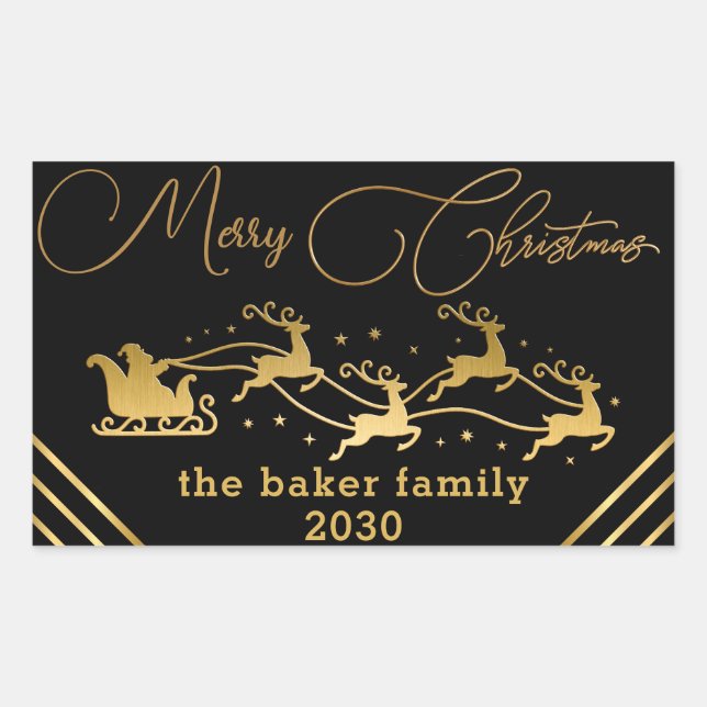 Pegatina Rectangular Feliz Navidad desde Santa Reindeer Sleight Black (Anverso)
