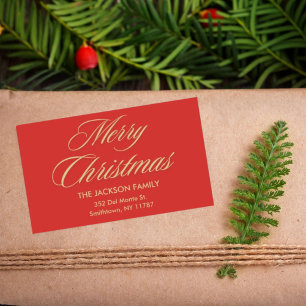 Pegatina Rectangular Feliz Navidad Elegante Guión Dorado Festividad Roj