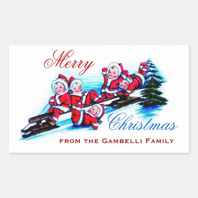 Pegatina Rectangular Feliz Navidad: Elfos venecianos en nieve (Anverso)