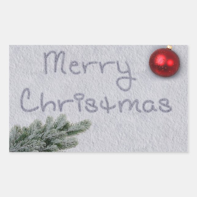 Pegatina Rectangular Feliz Navidad escrito en la Nieve (Anverso)