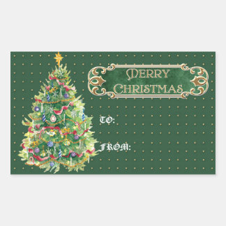 Pegatina Rectangular Feliz Navidad Estrella de Árbol Decorada Swirl