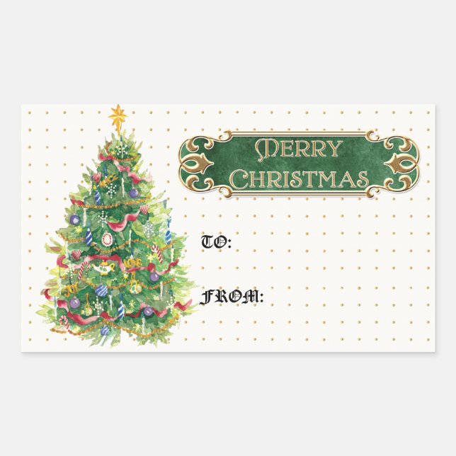 Pegatina Rectangular Feliz Navidad Estrella de Árbol Decorada Swirl (Anverso)