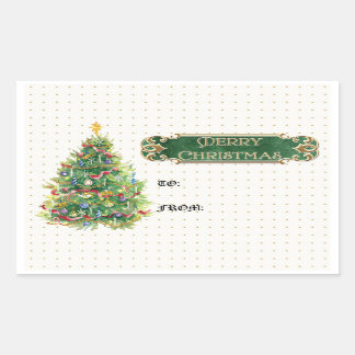 Pegatina Rectangular Feliz Navidad Estrella de Árbol Decorada Swirl