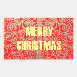 Pegatina Rectangular Feliz Navidad Golden Red Nieve Purpurina Corazón A
