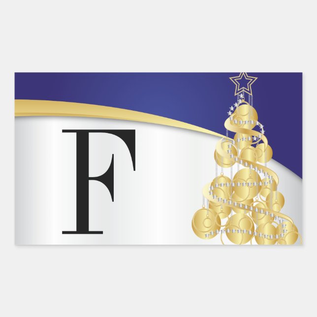 Pegatina Rectangular Feliz Navidad Monograma Azul brillante y oro (Anverso)