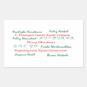 Pegatina Rectangular Feliz Navidad Muchos idiomas Rojo verde