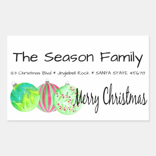 Pegatina Rectangular Feliz Navidad Navidades baubles acuarela (Anverso)