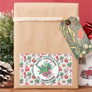 Pegatina Rectangular Feliz Navidad & Nombre en patrón de 4 fiestas