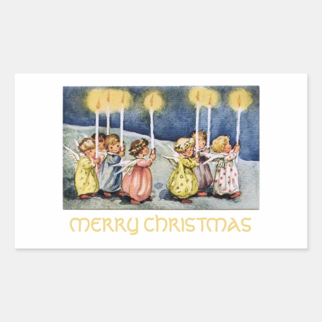 Pegatina Rectangular Feliz Navidad, pequeños ángeles (Anverso)