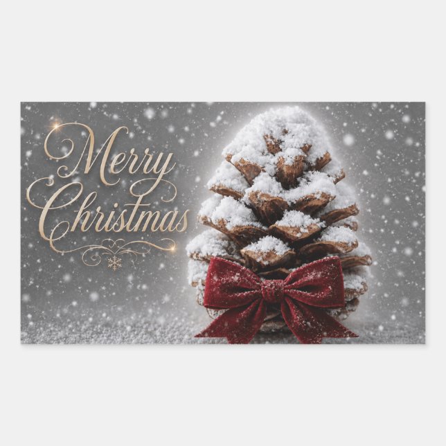 Pegatina Rectangular Feliz Navidad Piña Cubierta de Nieve (Anverso)