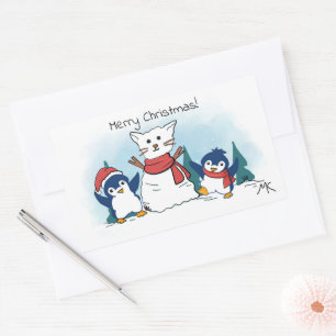 Pegatina Rectangular Feliz Navidad Pingüinos construyendo un Gato de Ni