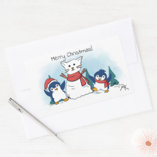 Pegatina Rectangular Feliz Navidad Pingüinos construyendo un Gato de Ni