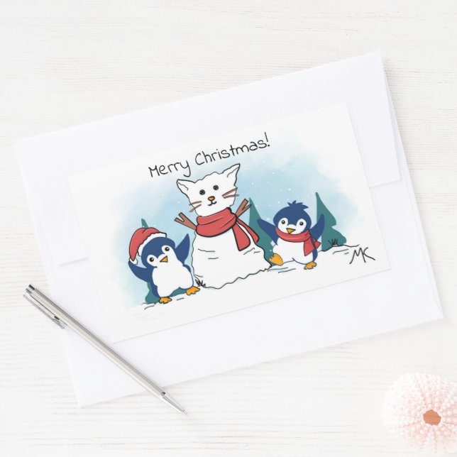 Pegatina Rectangular Feliz Navidad Pingüinos construyendo un Gato de Ni (Sobre)