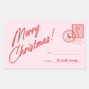 Pegatina Rectangular Feliz Navidad Rosa y Rojo Retro Personalizable