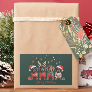 Pegatina Rectangular Feliz Navidad Santa Reno Dachshund Weiner 