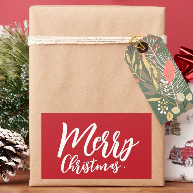 Pegatina Rectangular Feliz Navidad Simple Guión Blanco Rojo (Vacaciones)