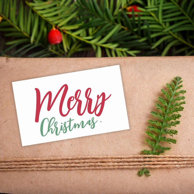 Pegatina Rectangular Feliz Navidad Simple Rojo Verde Script  (Merry Christmas Simple Red Green Script White Rectangular Sticker)
