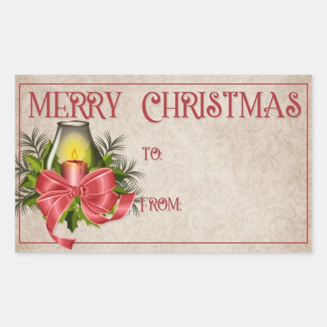 Pegatina Rectangular Feliz Navidad | Vela roja (Anverso)