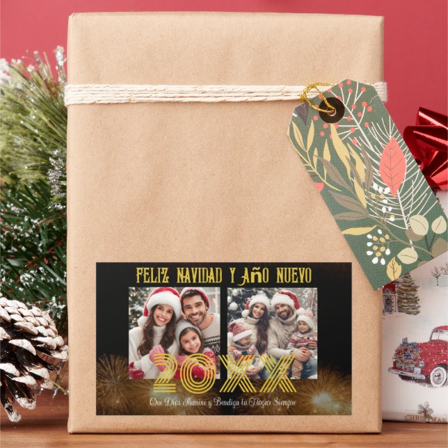 Pegatina Rectangular Feliz Navidad y Año Nuevo Elegante foto de guión (Vacaciones)