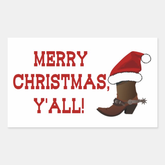 Pegatina Rectangular Feliz Navidad Y'all - Santa Boot (Espalda blanca) (Anverso)