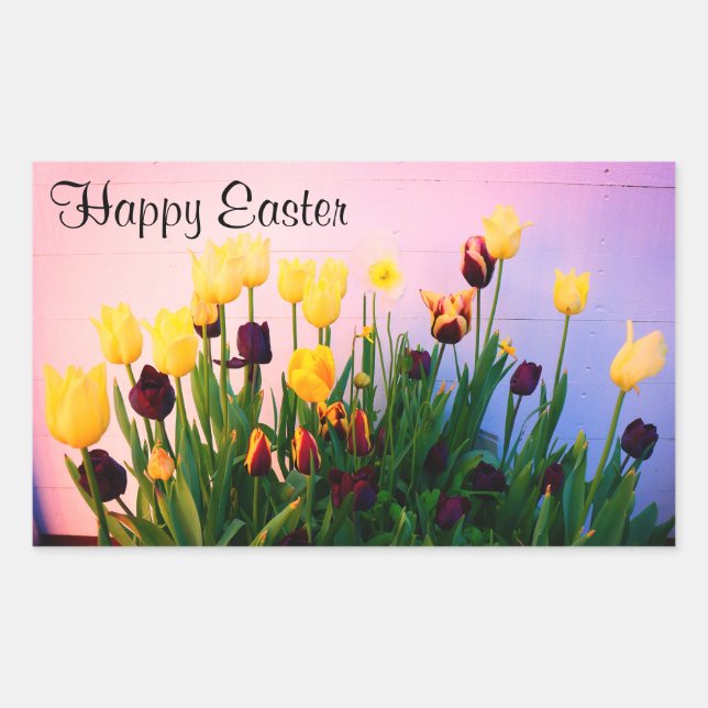 Pegatina Rectangular Feliz Pascua Varios Tulipanes #1-2 Pegatinas (Anverso)
