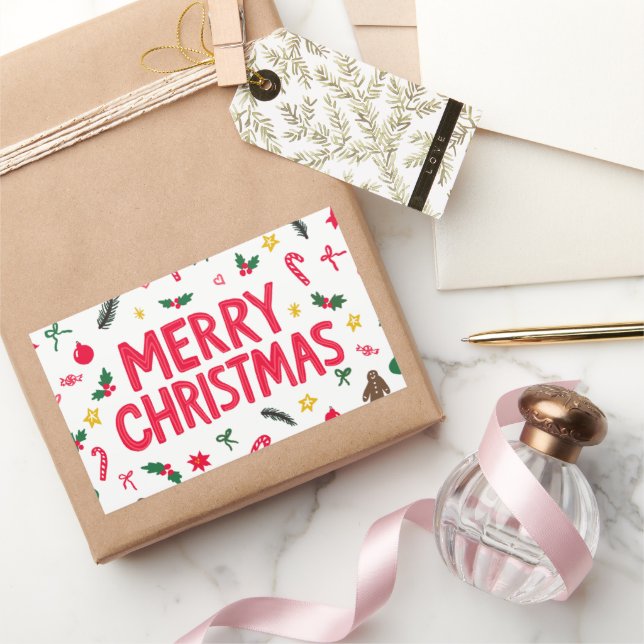 Pegatina Rectangular Feliz PERSONALIZADO navideño con mano (Regalar)