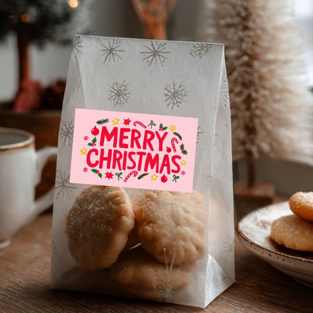 Pegatina Rectangular Feliz PERSONALIZADO navideño con mano (Merry Christmas Cute Hand-Drawn CUSTOM Rectangular Large Pink Holiday Sticker
)