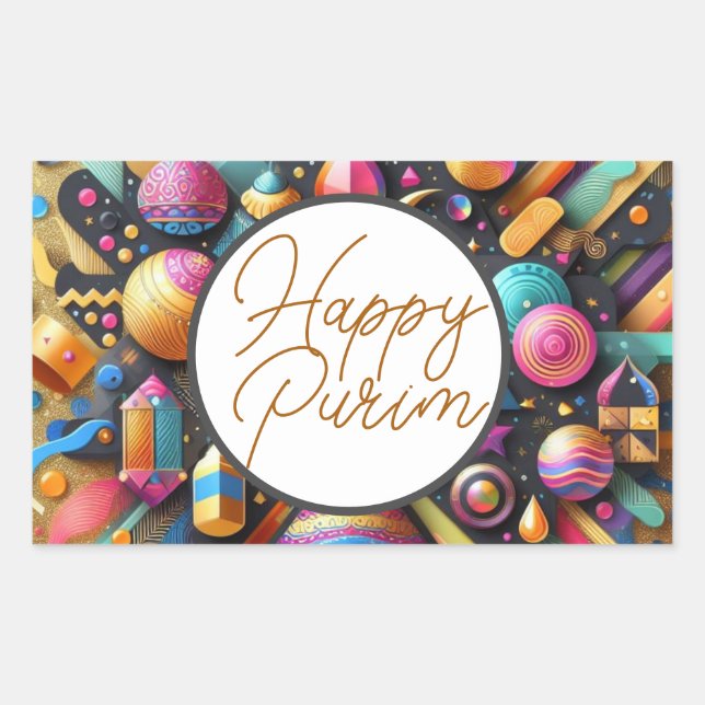 Pegatina Rectangular Feliz purim Deseos judíos Decoración Fiesta Multic (Anverso)