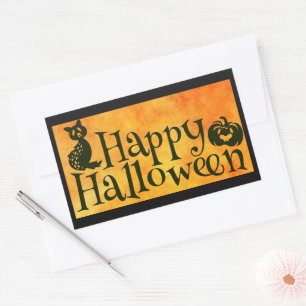 Pegatina Rectangular Feliz saludo de Halloween naranja y negro