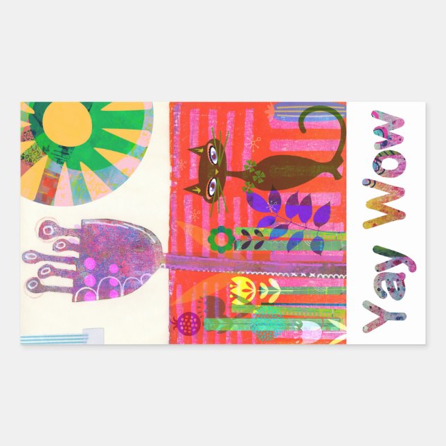 Pegatina Rectangular Feliz Sunshine Cat Flower Garden (Anverso)