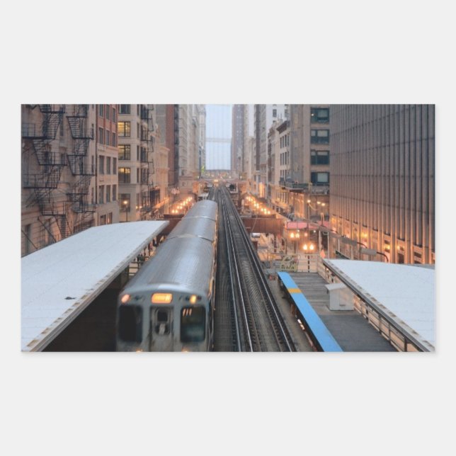 Pegatina Rectangular Ferrocarril elevado en el centro de Chicago sobre  (Anverso)