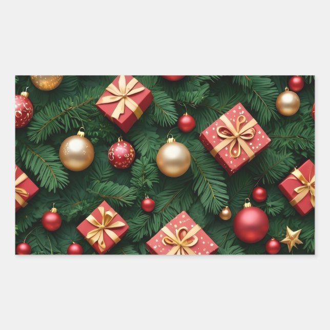 Pegatina Rectangular "Festive Joy — Red & Gold Christmas Magic" (Anverso)
