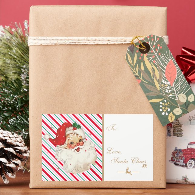 Pegatina Rectangular Festividad Stripe Retro Santa Gift (Vacaciones)