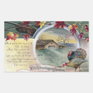 Pegatina Rectangular Fiddle, Turkeys y Barn Vintage Thankending