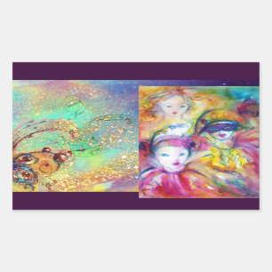 PEGATINA RECTANGULAR FIESTA ARLECCHINO PIERO Y COLOMBINA MASQUERADE