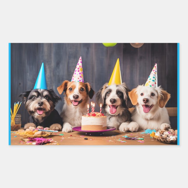 Pegatina Rectangular Fiesta de Cumpleaños de Perros (Anverso)