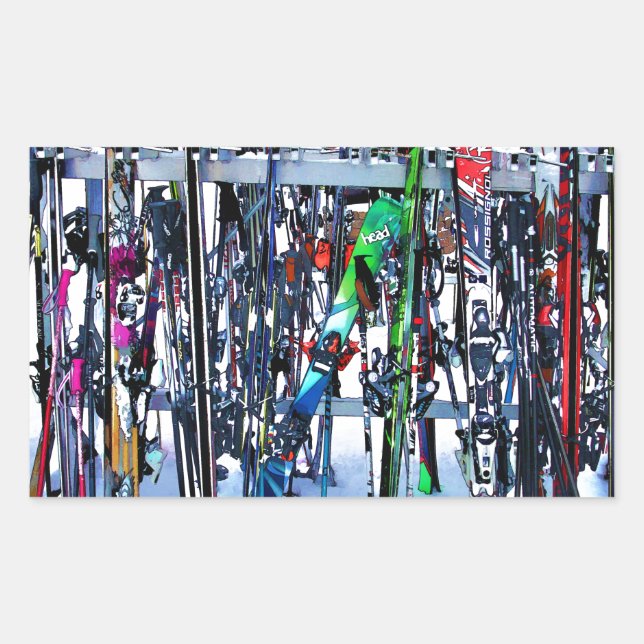 Pegatina Rectangular Fiesta de esquí - Esquíes y polacos (Anverso)