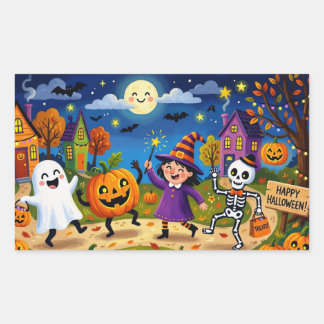 Pegatina Rectangular Fiesta de Halloween - Ilustración Adorable y Niños