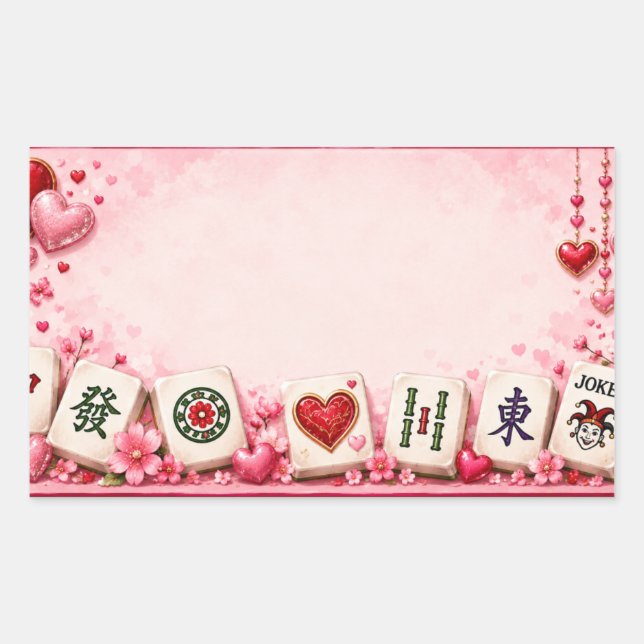 Pegatina Rectangular Fiesta de Mahjong del Día de San Valentín (Anverso)