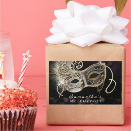 Pegatina Rectangular Fiesta de Mascarada Personalizada Negra Dorada Púr