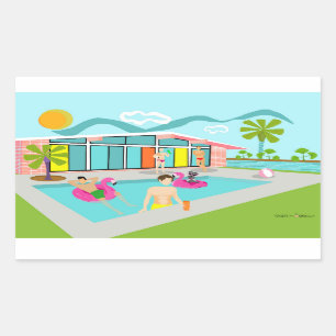 Pegatina Rectangular Fiesta de piscina de flamenco rosa gay retro