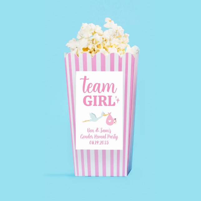 Pegatina Rectangular Fiesta de Revelación de Género Team Girl Pink Palo (Team Girl Pink Gender Reveal Party Custom Popcorn Rectangular Sticker
)