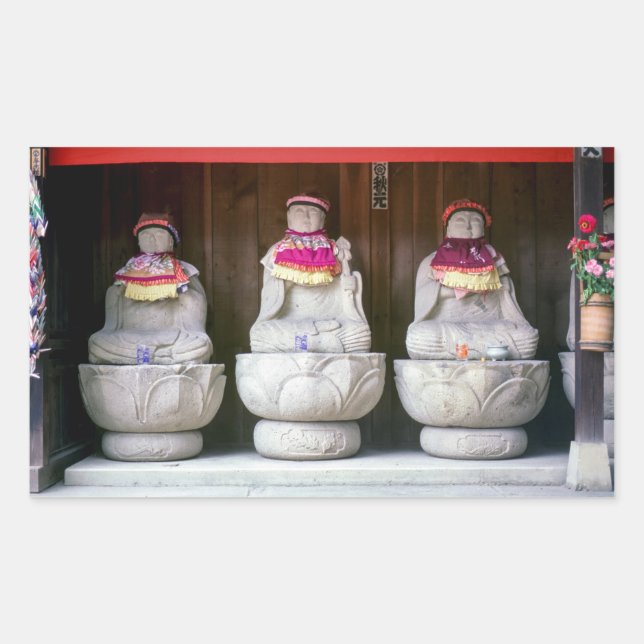 Pegatina Rectangular Fila de estatuas de monjes Jizo con bib y gorra -  (Anverso)