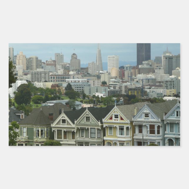 Pegatina Rectangular Fila de Tarjetas Postales de San Francisco Fotogra (Anverso)