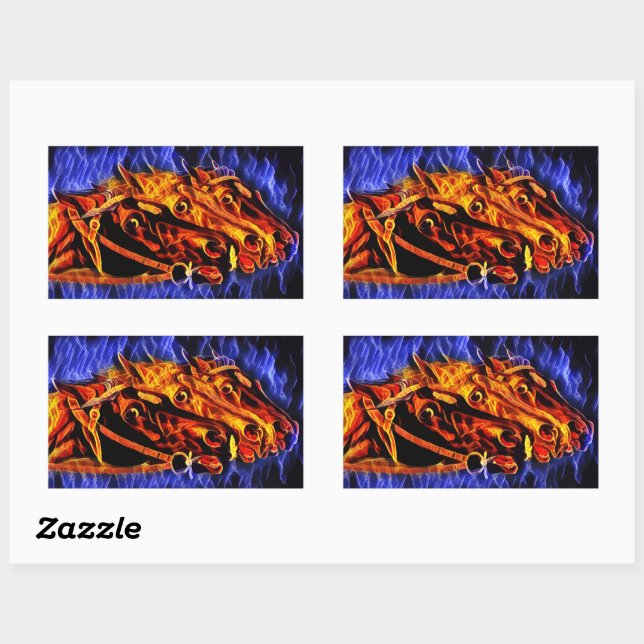 Pegatina Rectangular Fire Flames Original abstract Horses animal art (Hoja)