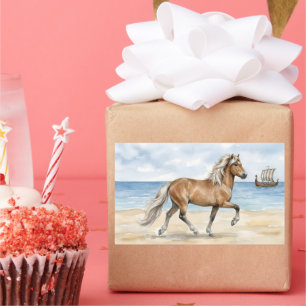 Pegatina Rectangular Fjara Caballo islandés acuarela en la playa