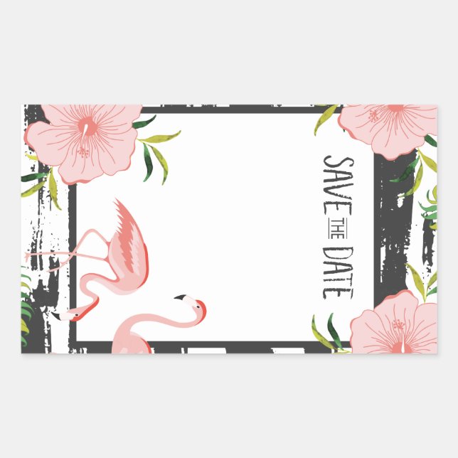 Pegatina Rectangular Flamingo Rosado Tropical Save The Date (Anverso)